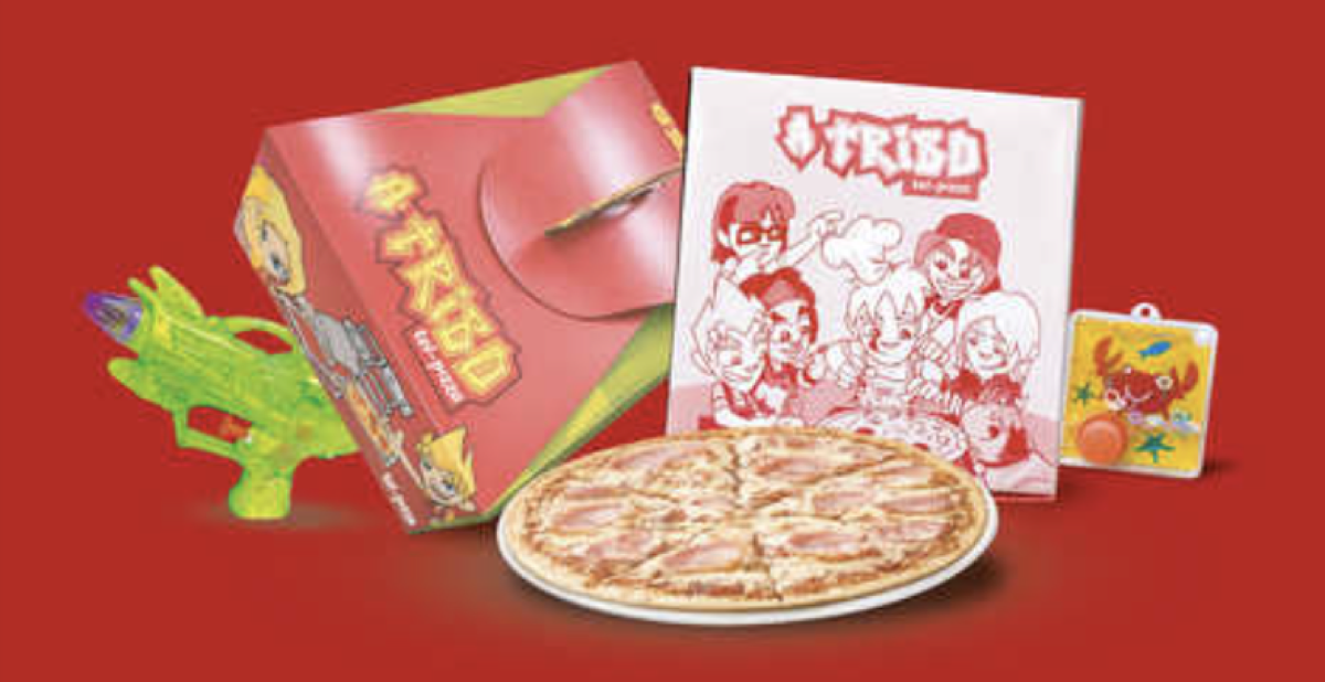 Menu Infantil TelPizza A Tribo — pizza, brinquedo e caixa de actividades